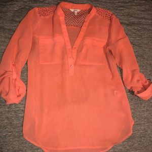 Sale Orange White Checkered Pattern Ruffle Bow Back Sheer Top 66 mv Blouse S M L